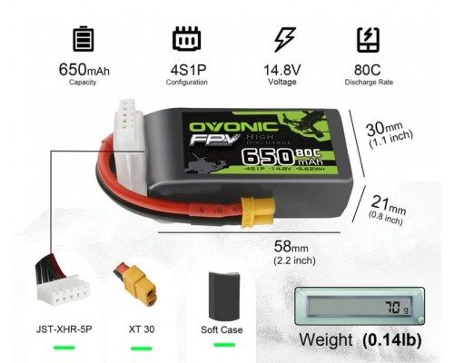 Аккумулятор OVONIC 650мАч 4S 80C LiPo (XT30)