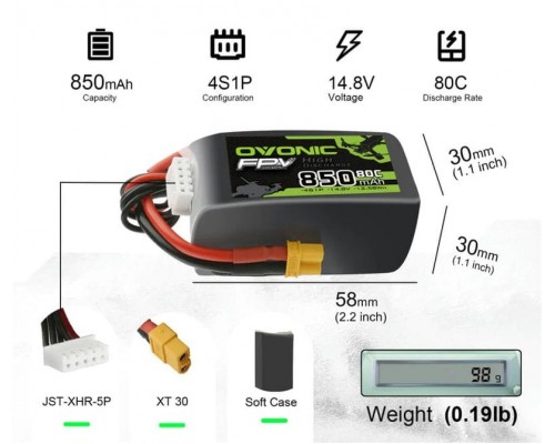 Аккумулятор OVONIC 850мАч 4S 80C LiPo (XT30)