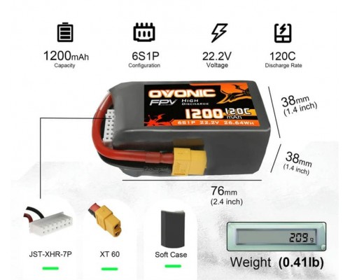 Аккумулятор OVONIC 1200мАч 6S 120C LiPo (XT60)