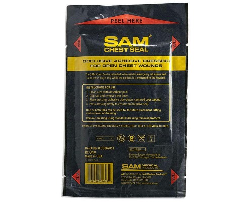 Пластырь при проникающих травмах груди без одностороннего клапана Sam Chest Seal